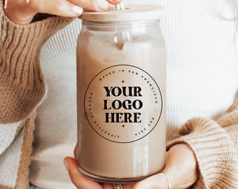 Custom logo mug business logo, Glass cup with bamboo lid and glass straw, Iced coffee cup coffee mug logo, corporate gifts with logo 16oz