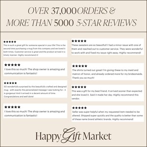 Może przedstawiać: Kremowa grafika z tekstem "OVER 37,000 ORDERS & MORE THAN 5000 5-STAR REVIEWS" i recenzjami klient&oacute;w. Recenzje są w białych polach z czarnym tekstem i ocenami gwiazdkami. Nazwa sklepu "Happy Gift Market" znajduje się na dole.