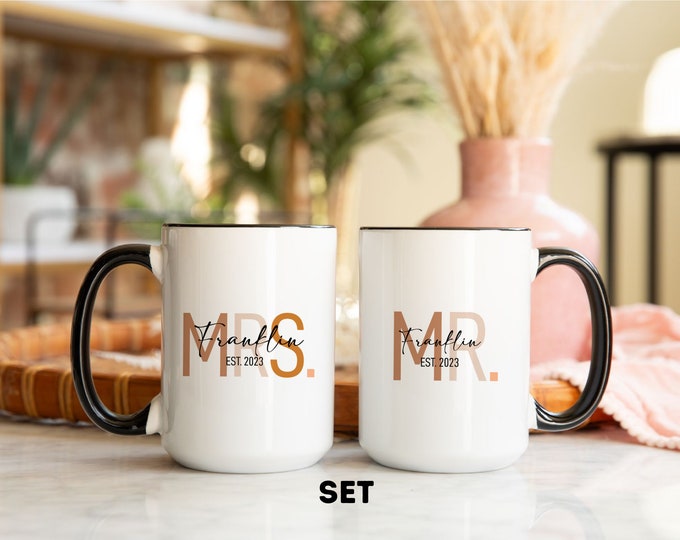 Personalized Mr. And Mrs. Coffee Mug Set, Personalized Wedding Gift for Couple, Couples Engagement Matching Mugs, Mr and Mrs Custom Text Mug