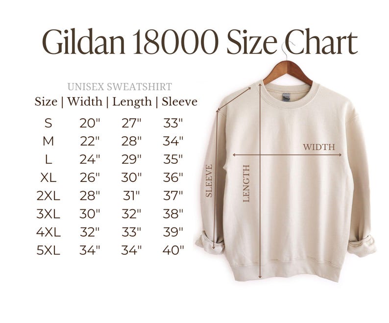 May include: Size chart for Gildan 18000 unisex sweatshirts. The chart shows measurements in inches for width, length, and sleeve length for sizes S through 5XL.