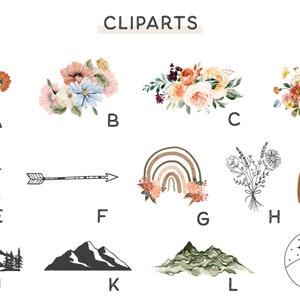 Peut inclure: Une collection d'illustrations de clip art sur le th&egrave;me des fleurs et de la nature. Les motifs comprennent des bouquets, une lune avec des &eacute;toiles, une fl&egrave;che, des arcs-en-ciel, des montagnes et des fleurs sauvages. La palette de couleurs pr&eacute;sente des tons chauds et des &eacute;l&eacute;ments en noir et blanc.