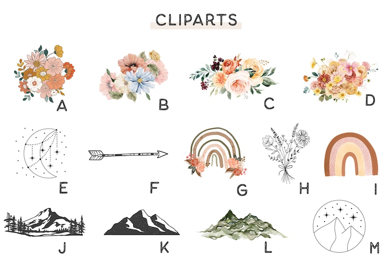 Peut inclure: Une collection d'illustrations de clip art sur le th&egrave;me des fleurs et de la nature. Les motifs comprennent des bouquets, une lune avec des &eacute;toiles, une fl&egrave;che, des arcs-en-ciel, des montagnes et des fleurs sauvages. La palette de couleurs pr&eacute;sente des tons chauds et des &eacute;l&eacute;ments en noir et blanc.
