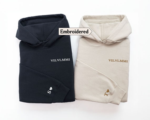 Embroidered Roman numeral hoodie, Personalized Date Roman numeral sweatshirt, Couples matching hoodies, Matching sweatshirts for couples