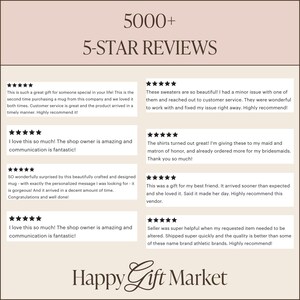 May include: A collage of five-star customer reviews for a shop called Happy Gift Market. The reviews highlight the quality of the products and the excellent customer service provided by the shop.