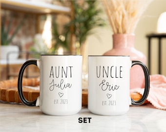 Personalized Name  Aunt And Uncle To Be Mug Set Pregnancy Announcement Gift, Est 2023 New Auntie And Uncle Reveal, Custom Coffee Cup Set