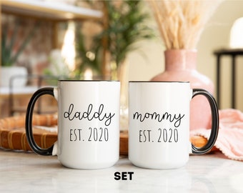 Mommy and Daddy Pregnancy Announcement Coffee Mugs, New Parents Custom Established Mugs, New Mommy and Daddy Personalized Mug Gift Set