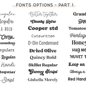 Peut inclure: Image pr&eacute;sentant une vari&eacute;t&eacute; de styles de polices, incluant des options script, gras et condens&eacute;es. Le texte "FONTS OPTIONS - PART 1" est en haut. Chaque police est affich&eacute;e avec son nom, offrant une s&eacute;lection diversifi&eacute;e pour les projets de conception.