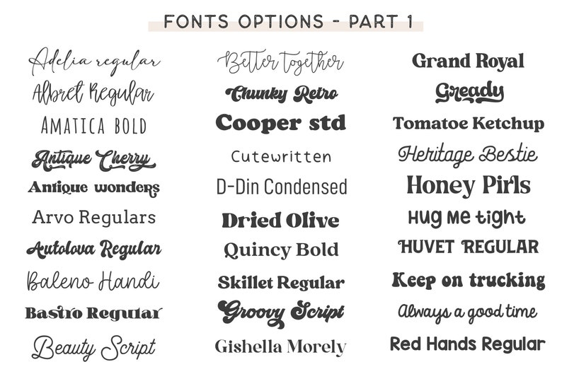 Peut inclure: Image pr&eacute;sentant une vari&eacute;t&eacute; de styles de polices, incluant des options script, gras et condens&eacute;es. Le texte "FONTS OPTIONS - PART 1" est en haut. Chaque police est affich&eacute;e avec son nom, offrant une s&eacute;lection diversifi&eacute;e pour les projets de conception.