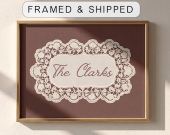 Custom last name framed wall art decor lace, Personalized family name sign print