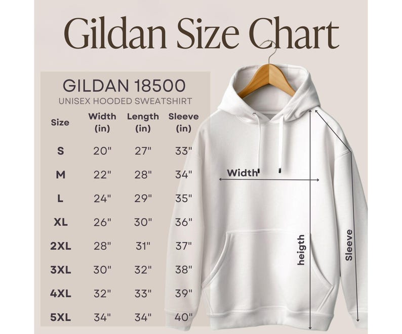 May include: Size chart for a Gildan 18500 unisex hooded sweatshirt. The chart shows the width, length, and sleeve length in inches for sizes S through 5XL.