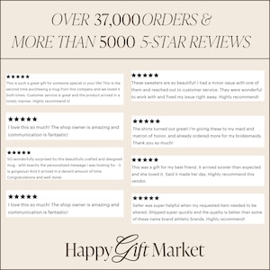 May include: Image showcasing customer reviews for Happy Gift Market, highlighting over 37,000 orders and more than 5,000 five-star reviews. The reviews praise product quality, customer service, and timely delivery, with a focus on personalized gifts.