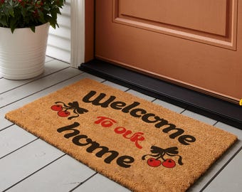 Welcome Doormat Front Entrance Porch Decor Housewarming Present Idea Vintage Style Black Red Cherry Design New Home Entryway Sign Welcome