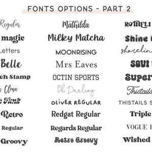 Peut inclure: Pr&eacute;sentation de diff&eacute;rentes polices de caract&egrave;res, dont "Leisha Regular", "Letter magic" et "Lilly Belle". Le texte "FONTS OPTIONS - PART 2" est en haut. Chaque police est affich&eacute;e clairement, mettant en valeur divers styles.