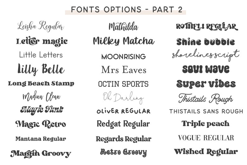 Peut inclure: Pr&eacute;sentation de diff&eacute;rentes polices de caract&egrave;res, dont "Leisha Regular", "Letter magic" et "Lilly Belle". Le texte "FONTS OPTIONS - PART 2" est en haut. Chaque police est affich&eacute;e clairement, mettant en valeur divers styles.