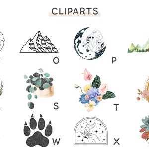 Peut inclure: Une collection de cliparts vari&eacute;s. Comprend une rose en noir et blanc, une cha&icirc;ne de montagnes, un croissant de lune avec des champignons, une sc&egrave;ne de montagne &agrave; l'aquarelle, des cactus, une plante en pot, un arrangement floral, un arc-en-ciel, un feu de camp, une empreinte de patte et une main avec un croissant de lune.