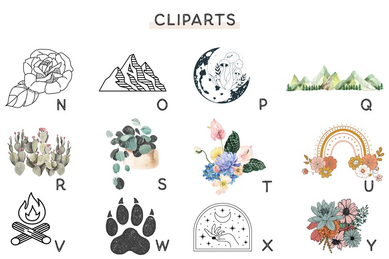 Peut inclure: Une collection de cliparts vari&eacute;s. Comprend une rose en noir et blanc, une cha&icirc;ne de montagnes, un croissant de lune avec des champignons, une sc&egrave;ne de montagne &agrave; l'aquarelle, des cactus, une plante en pot, un arrangement floral, un arc-en-ciel, un feu de camp, une empreinte de patte et une main avec un croissant de lune.