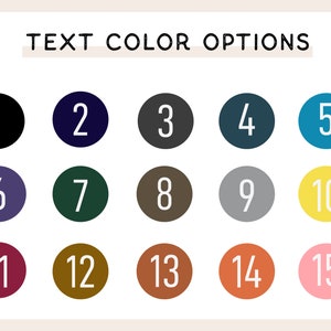 Peut inclure: Image affichant "OPTIONS DE COULEUR DE TEXTE" avec quinze pastilles de couleurs num&eacute;rot&eacute;es. Les couleurs incluent le noir, le marine, le gris, le sarcelle, le turquoise, le violet, le vert for&ecirc;t, le marron, l'argent, le jaune, le bordeaux, l'olive, le rouille, l'orange et le rose.