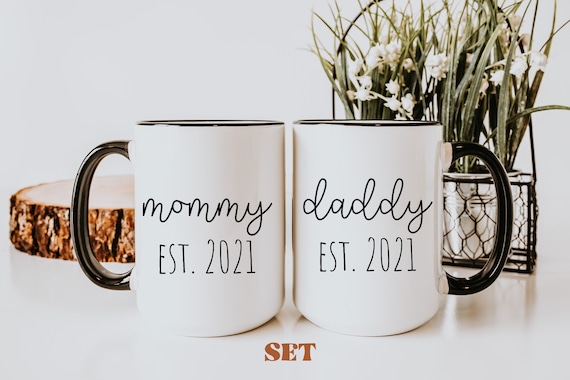 Baby Shower Pregnancy Gift Est 2022 New Mommy and Daddy Est 2022 11 oz Mug Set withand So The Adventure Begins Romper 0-3 Months - Top Mom and Dad Gift Set for New and Expecting Parents to Be 