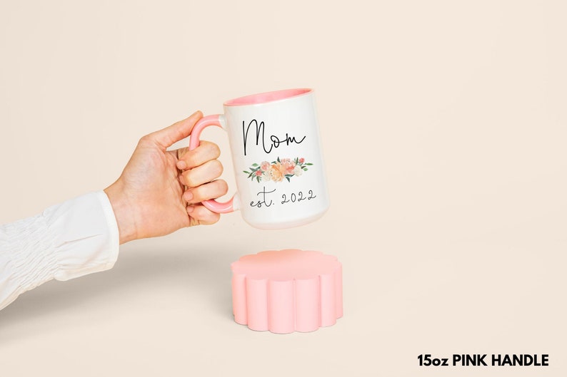 Mom To Be Gift Pink Sage Floral Coffee Mug for New Mommy Est 2022, Future Mommy To Be Ceramic Coffee Cup, Mom Baby Shower Pregnancy Gift image 1