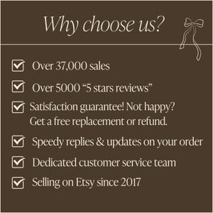 May include: A brown graphic with the text "Why choose us?" and a decorative bow. The text highlights over 37,000 sales, over 5000 five-star reviews, a satisfaction guarantee, speedy replies, a dedicated customer service team, and selling on Etsy since 2017.