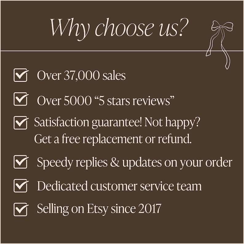 May include: A brown graphic with the text "Why choose us?" and a decorative bow. The text highlights over 37,000 sales, over 5000 five-star reviews, a satisfaction guarantee, speedy replies, a dedicated customer service team, and selling on Etsy since 2017.