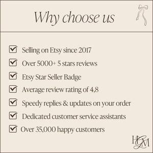 May include: A checklist of reasons to choose a shop on Etsy. The list includes selling on Etsy since 2017, over 5,000 five-star reviews, Etsy Star Seller Badge, an average review rating of 4.8, speedy replies and updates on orders, dedicated customer service assistants, and over 35,000 happy customers.