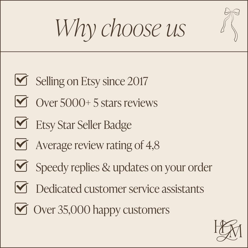 May include: A checklist of reasons to choose a shop on Etsy. The list includes selling on Etsy since 2017, over 5,000 five-star reviews, Etsy Star Seller Badge, an average review rating of 4.8, speedy replies and updates on orders, dedicated customer service assistants, and over 35,000 happy customers.