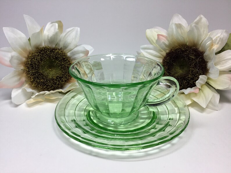 Depression Glass. Tea Cup and Saucer Set. Green Vaseline. Etsy