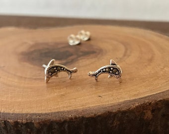 Sterling Silver Dolphin with Crystal Ear Stud, Silver Dolphin with Crystal Earring, Simple Ear Stud fromdada