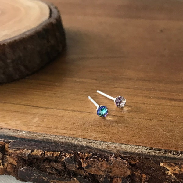 Swarovski Crystal Green Aurora 4mm Ball Ear Studs, Simple Tiny Swarovski Ball Earrings, Dainty Ear Stud Earrings, Everyday Wear