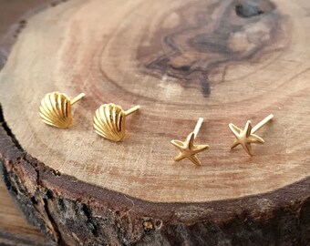Gold Plated Beach Fav Ear Stud Set, SeaShell and StarFish Ear Stud Set, Summer Fav Set, Mix and Match, Everyday Wear Earring