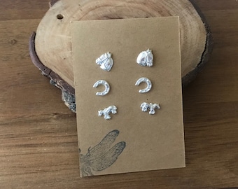 Sterling Silver Horse Fav Ear Studs Set, Simple Earring Studs Set, Silver Horse Love Ear Studs Set