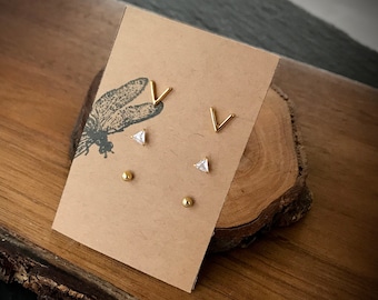 Gold Plated Chevron, CZ Triangle and 3MM Ball Stud Set, Mix and Match Set, Dainty Ear Stud Earrings