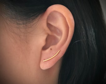 Gold Plated Curved Bar Ear Climber, Simple Gold Ear Crawler, Color Option Silver and Gold, Dainty Ear Climber fromdada