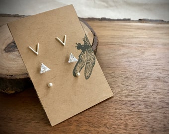 Sterling Silver CZ Triangle, Chevron, and 2MM Diamond Dust Ball Stud Earrings Set, Mix and Match, Simple Stud Earrings