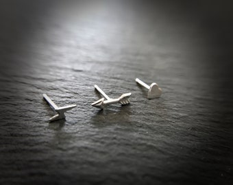 Sterling Silver Tiny 3 Pairs Stud Set Earrings, Tiny Heart, Arrow, and Lighting Bolt Stud Earrings, Mix and Match Stud, 3 Pairs Set Earrings