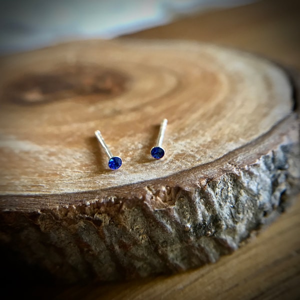 Sterling Silver 2mm Sapphire Blue CZ Ear Stud Earring, Super Tiny Sapphire Blue CZ Ear Stud, Simple Earring Stud, Cubic Zirconia Ear Stud