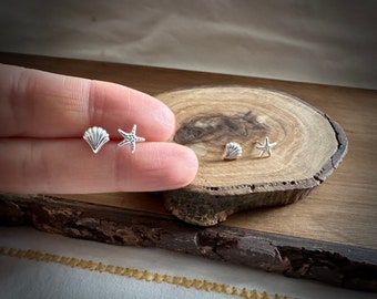 Sterling Silver Starfish and Shell Earring Set, Mix and Match Ear Stud Set, Ocean Theme Earring Set, Dainty Earring fromdada
