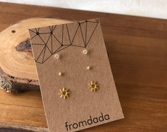 Gold Plated Sun Ear Stud Set, Gold Sun, 2mm Dust Diamond Ball, and 3mm CZ Round Ear Stud Set, Mix and Match Earring Set