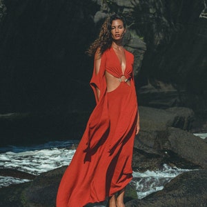 Red Rose Greek Goddess Dress • Boho Bridesmaid Dress • Bell Sleeves Dress • Open Belly with Copper Ring Dress • Organic Priestess Dress