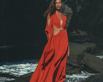 Nowy! Sukienka greckiej bogini czerwonej róży • Sukienka dla druhny w stylu boho • Sukienka z dzwonkowatymi rękawami • Sukienka z odkrytym brzuchem i miedzianym pierścieniem • Sukienka organicznej kapłanki