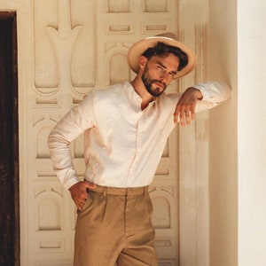 Pale Pink Collarless Dress Shirt • Oxford Linen Shirt • Buttons Down Shirt • Cocktail Long Sleeve Shirt for Men • Organic Clothing for Men