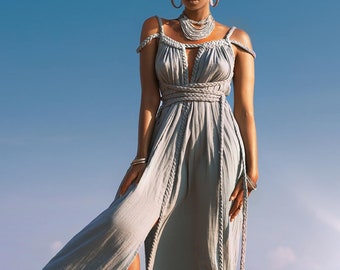 Sky Blue Ethereal Goddess Dress Organic Cotton Boho Halter Maxi Gown