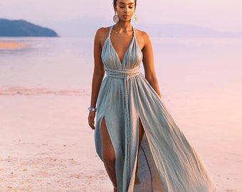 Greek Goddess Dress • Sky Blue Empress Dress • Bridesmaid Dress • Braided Priestess Dress • Bohemian Grecian Dress • Boho Adjustable Dress