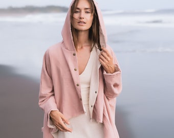 Pink Hooded Cardigan • Asymmetrical Cropped Jacket • Organic Cotton Short Coat • Boho Long Sleeves Jacket • Bohemian Double Layer Jacket