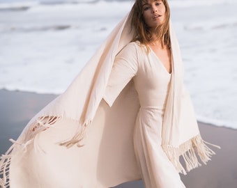 Off-White Raw Cotton Mantel Cover Up • Hippie Soft Cotton Scarf • Boho Shawl • Long Hand Knited Shawl • Organic Wedding Bridesmaid Wrap