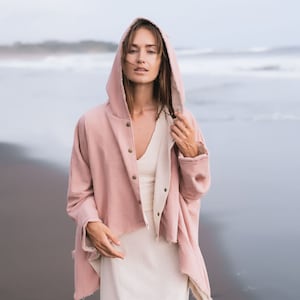 Pink Hooded Cardigan • Asymmetrical Cropped Jacket • Organic Cotton Short Coat • Boho Long Sleeves Jacket • Bohemian Double Layer Jacket