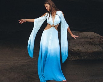 Sky Blue Ombré Dress • Greek Goddess Dress • Boho Open Sides Dress • Fairy Wedding Dress • Bell Sleeve Dress • Bohemian Cold Shoulders Dress