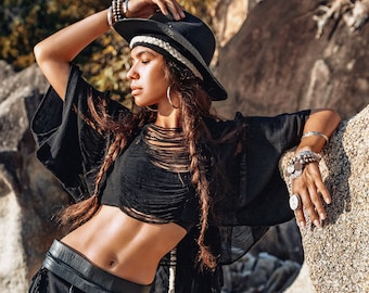Black Boho Top • See Through CropTop •  Hand Loomed Frayed Bolero • Bohemian Tribal Tee • Plus Size Loose Top • Bohemian Summer Sexy Blouse