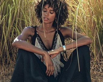 Black Boho Fringe Top • Tribal Sleveless Top  • Bohemian Summer Tassels Blouse • Embroidered Native T-Shirt • Organic Tropical Festival Tee